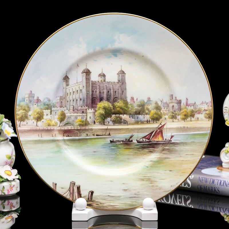 英國製Minton 全手繪波光粼粼 倫敦塔骨瓷盤掛盤稀有藝術收藏盤 - 擺飾/家飾品 - 瓷 
