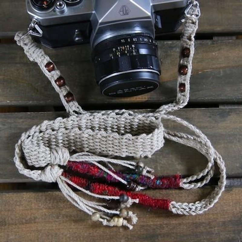 Silk thread and wood beads linen camera strap / belt - Camera Straps & Stands - Cotton & Hemp Multicolor