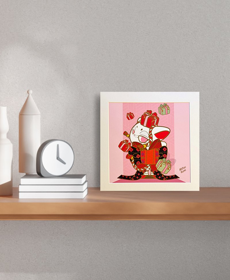 [Lucky Cat] Mittsu Kumi original work-cardboard frame, giclee painting - Posters - Paper White