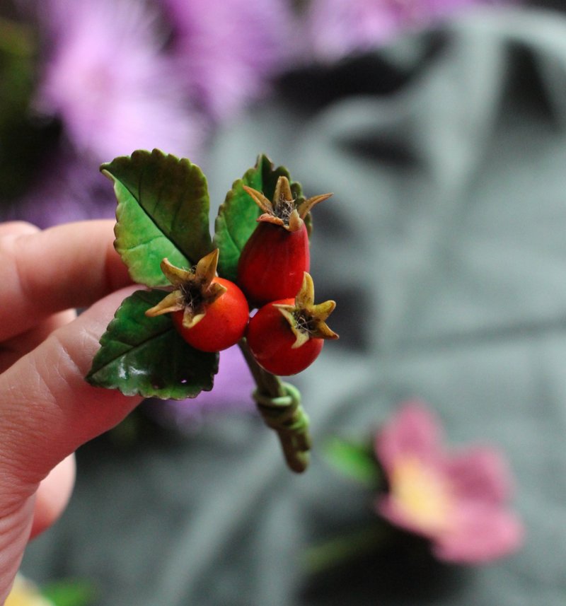 Rosehip Brooch Autumn Jewelry Coat Brooch - เข็มกลัด - ดินเหนียว สีแดง