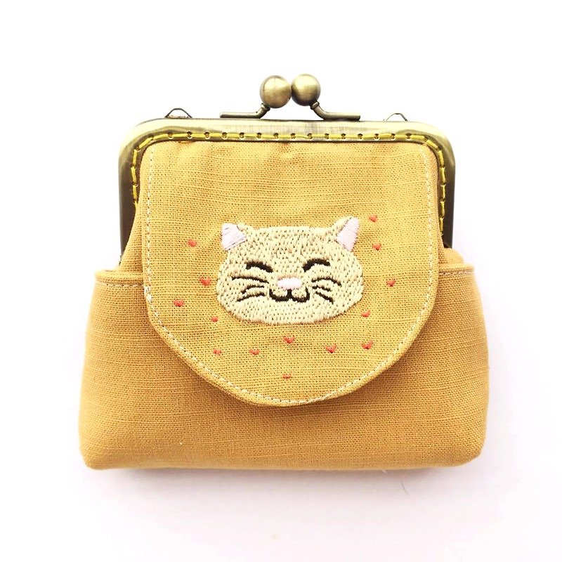 Embroidered cat mouth gold multi-purpose bag - กระเป๋าสตางค์ - ผ้าฝ้าย/ผ้าลินิน สีเหลือง