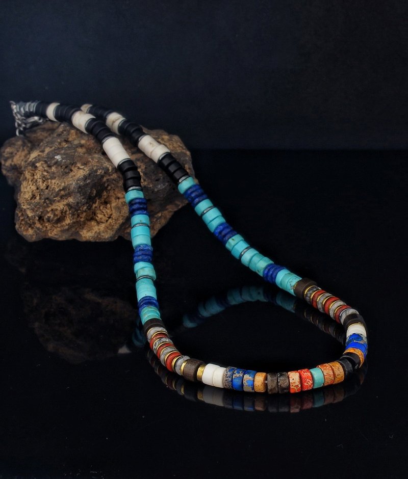 Turquoise Heishi 6mm Choker with Hematite and wood beads - Necklaces - Gemstone 