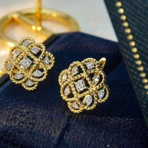WhiteKuo高級珠寶訂製所 【WhiteKuo】18k高級復古鑽石麻花繩耳飾耳扣