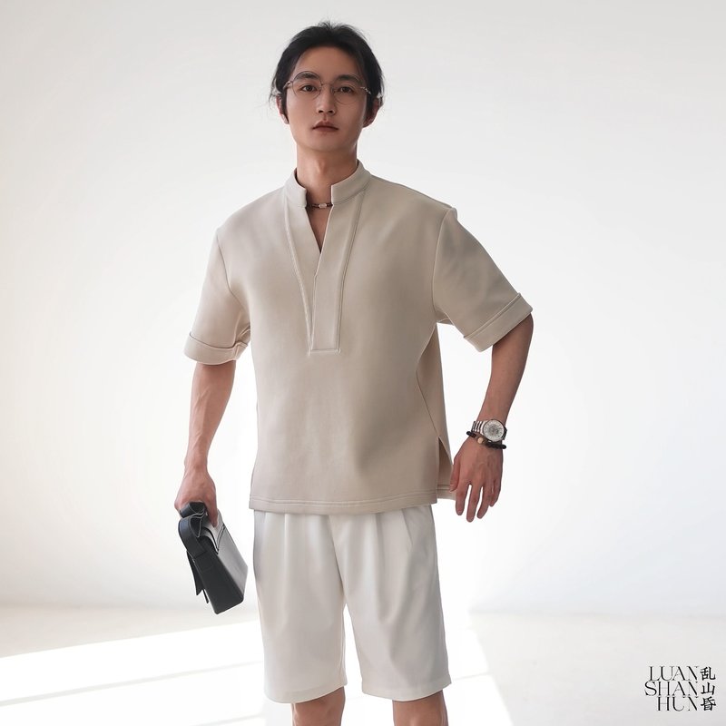 Luanshanhun new Chinese style light national style original improved pullover cross collar short sleeve daily all-match solid color summer commuting - เสื้อยืดผู้ชาย - วัสดุอื่นๆ สีกากี