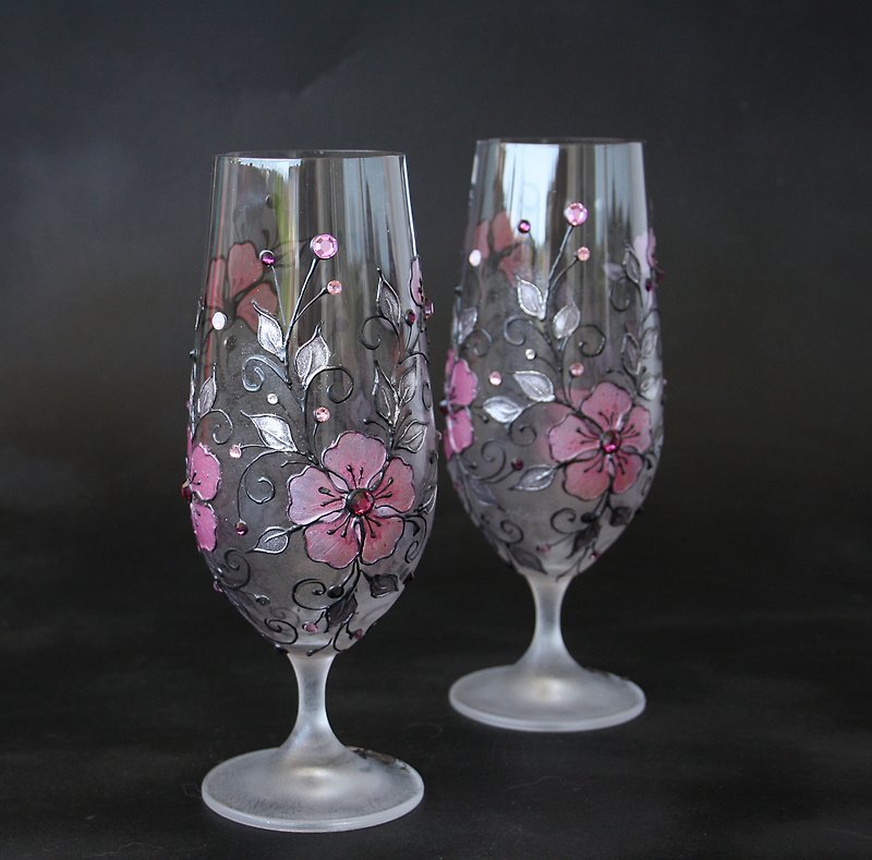 カクテルグラス、ビアグラス、ウェディンググラス、手描き、2個セット - ワイングラス・酒器 - ガラス ピンク