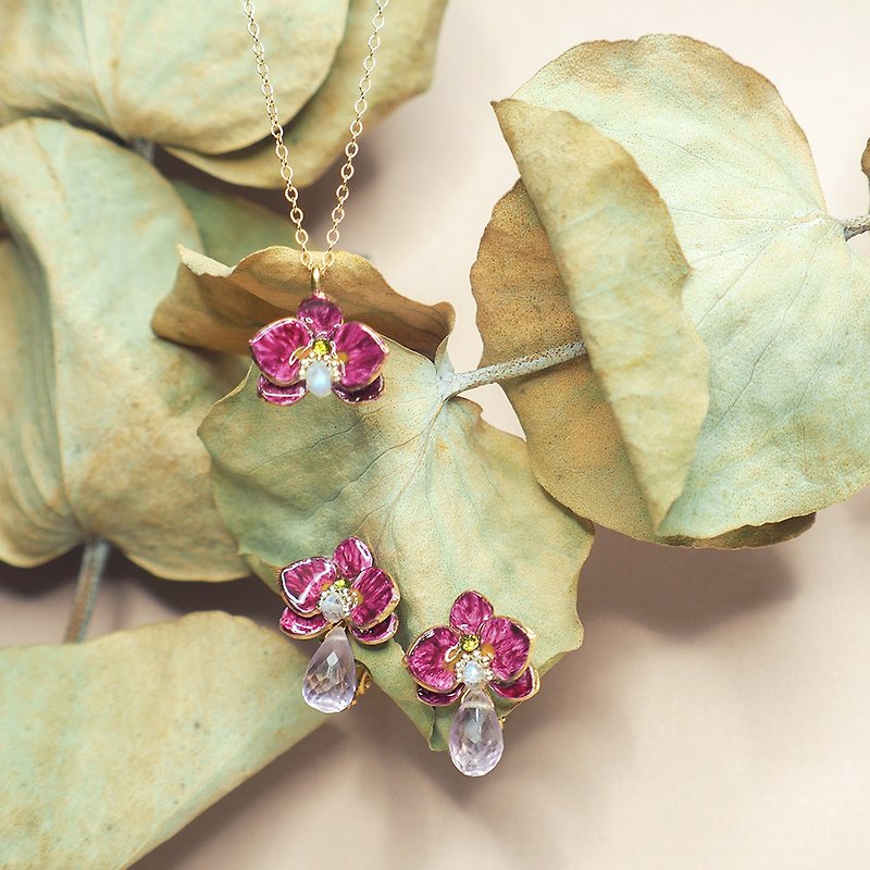 Handmade Jewelry Enamel Series Orchid Orchid Amethyst Water Drop (Detachable Two Wear) Earrings Pre-order - ต่างหู - เครื่องเพชรพลอย สีม่วง