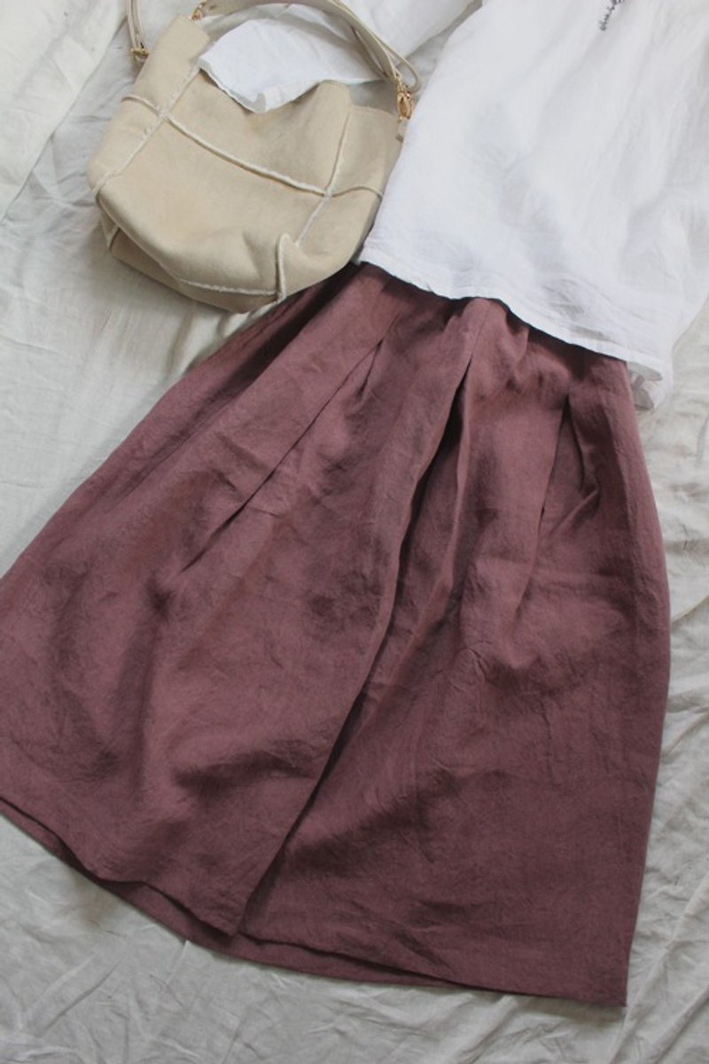 Autumn color arrival Thick Belgian Linen 100% tuck skirt * Azuki color - กระโปรง - ผ้าฝ้าย/ผ้าลินิน 