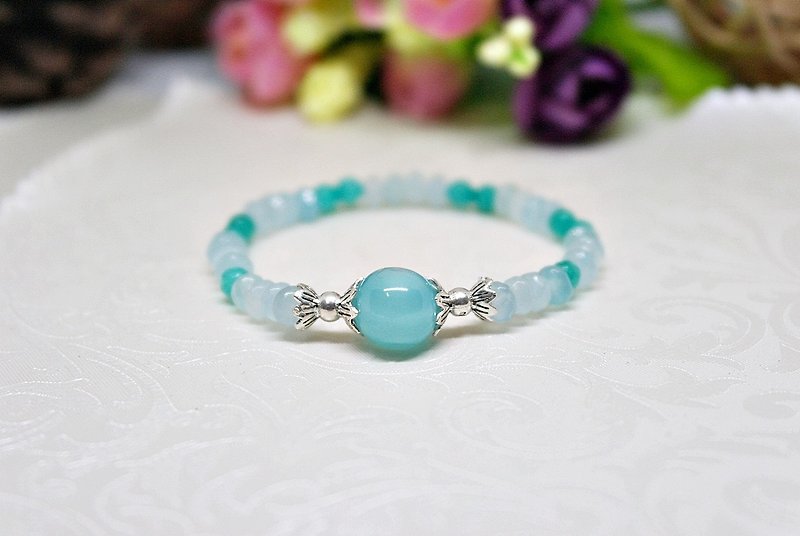 Natural Stone X Silver Elastic Bracelet <Blue Ocean> - Bracelets - Gemstone Blue