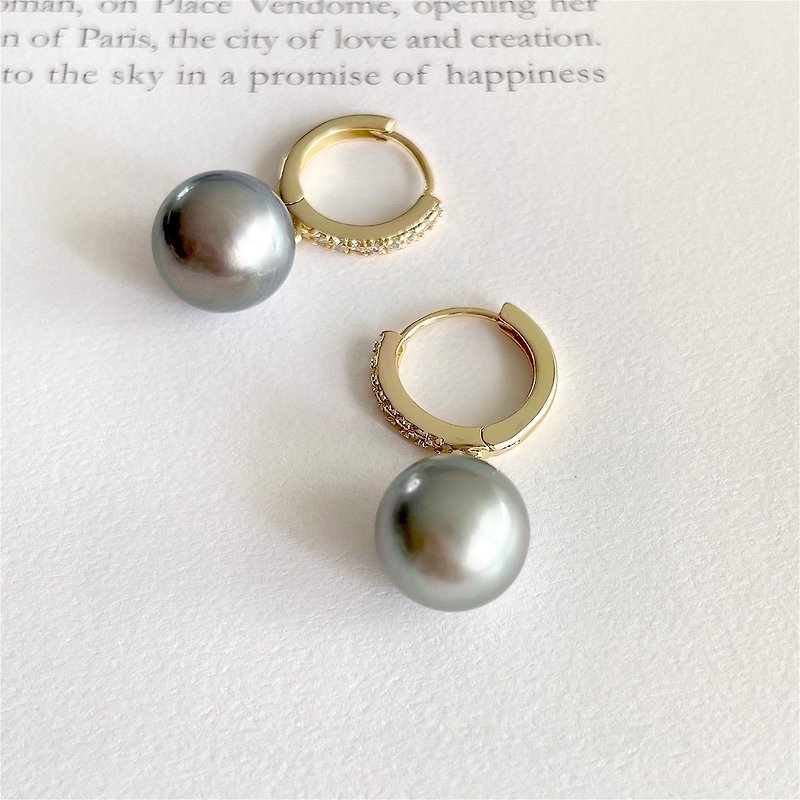 Natural pearls, Tahitian pearls, black pearls, rings and earrings, gold color - ต่างหู - ไข่มุก สีเทา