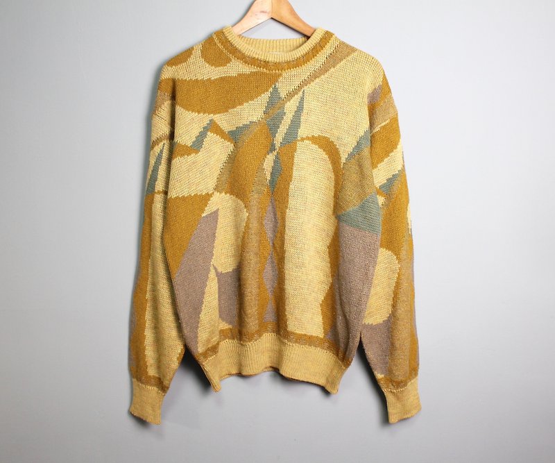 FOAK Vintage Retro Mustard Yellow Geometric Sweater - สเวตเตอร์ผู้ชาย - เส้นใยสังเคราะห์ สีเทา