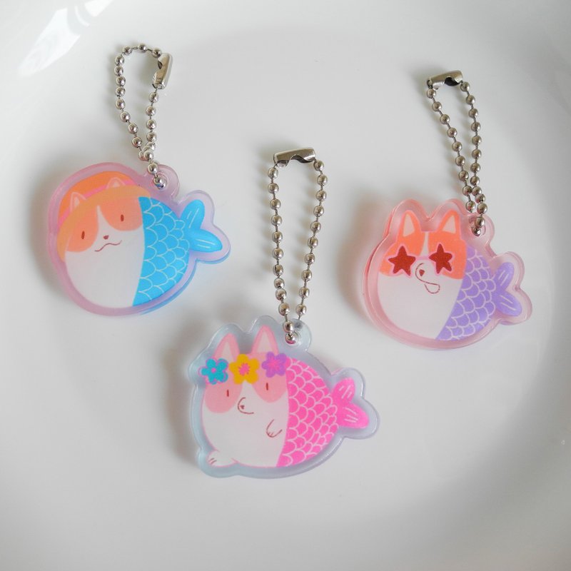 Gorgeous Space Corgi Fish Flower Charm Ornament Keychain Cute Charm Ornament Illustration Accessories - ที่ห้อยกุญแจ - อะคริลิค หลากหลายสี