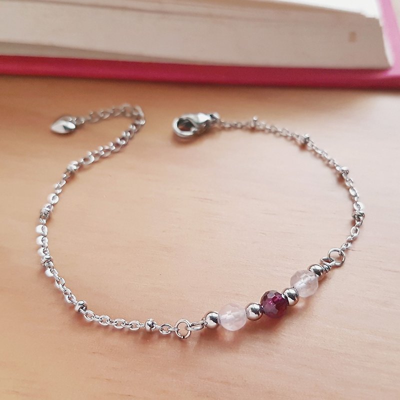 Stainless steel with garnet & Rose Quartz  bracelet - Bracelets - Crystal Pink