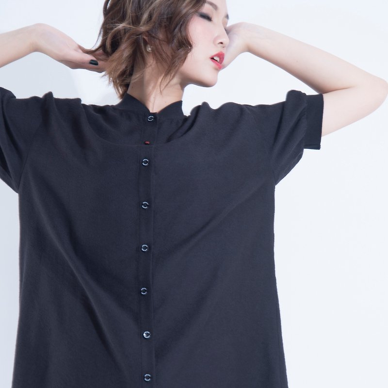 aine ann / Textured Lightweight Long Jacket Shirt-Black - Women's Shirts - Polyester Black