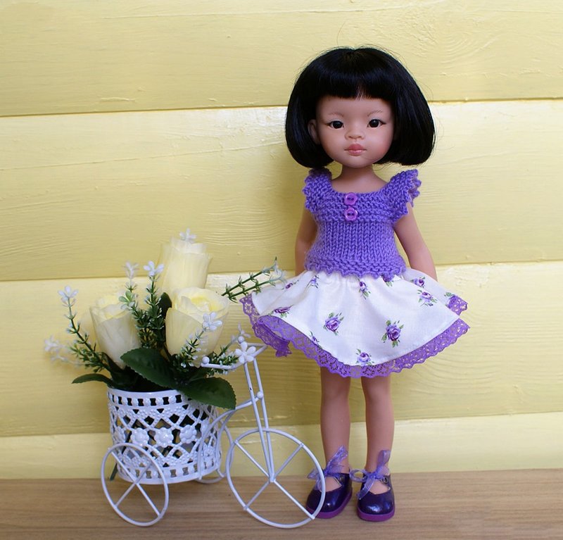 Paola Reina purple knit top and floral skirt, clothes Las Amigas 32 cm 13in doll - ตุ๊กตา - ผ้าฝ้าย/ผ้าลินิน สีม่วง