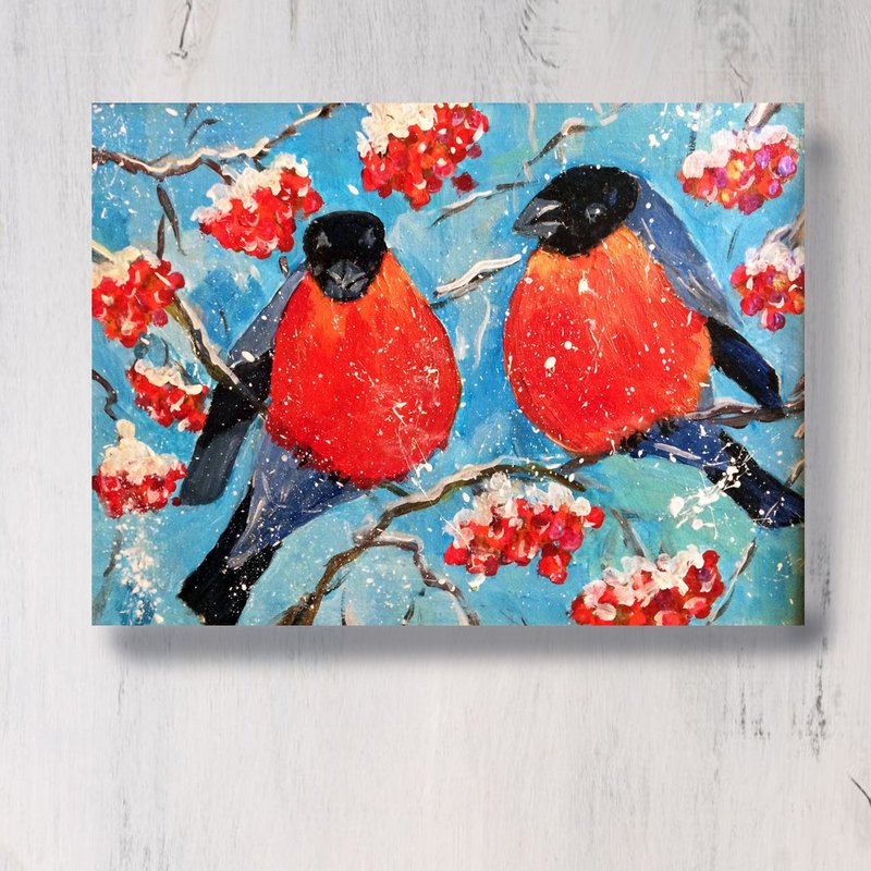 Red Bird painting. Bullfinch, original painting. Snow bird small artwork - โปสเตอร์ - ไม้ 