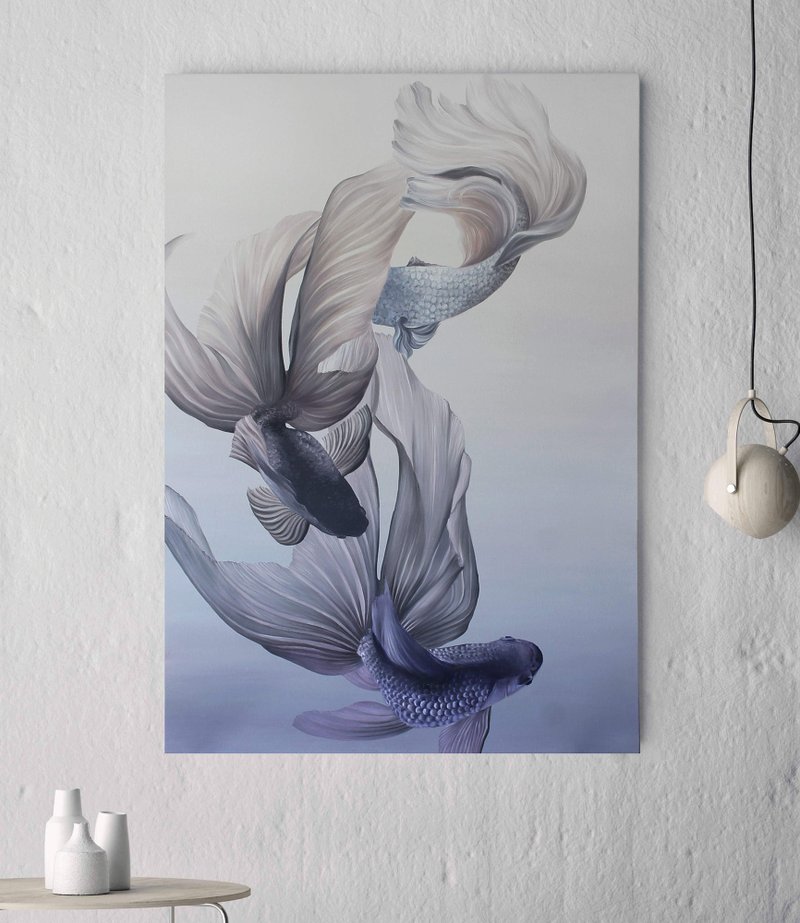 Carp Painting | Koi Carp Painting | Chinese Oil Painting | Japanese Carp | Carp - 壁貼/牆壁裝飾 - 棉．麻 紫色