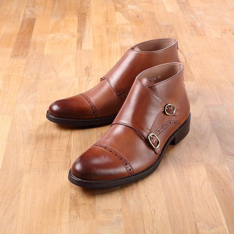 Vanger 簡約都會雙釦孟克矮靴 Va218咖 - 男款休閒鞋 - 真皮 咖啡色