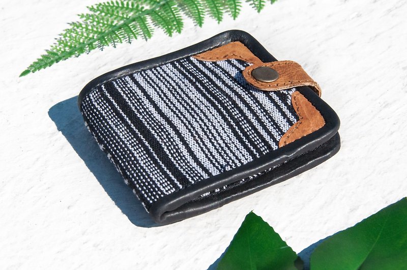 Hand-knitted stitching leather short clip short wallet purse woven short clip - ethnic style Mexico black and white - Wallets - Genuine Leather Black