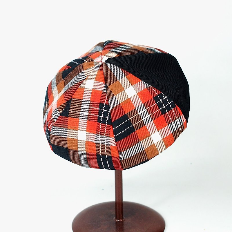 小牛村 手工貝雷帽 貝蕾帽 燈芯絨 格紋【維多利亞窗格】B-142 - 帽子 - 棉．麻 紅色