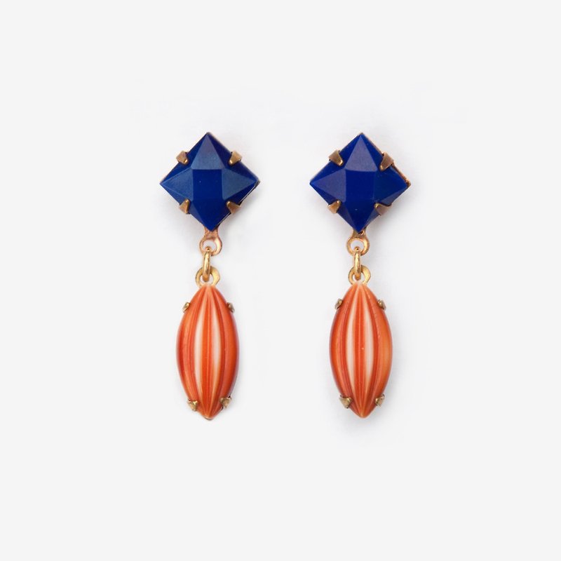 菱形古董寶石耳環-藍橘條紋 耳針/耳夾 - 耳環/耳夾 - 其他金屬 橘色