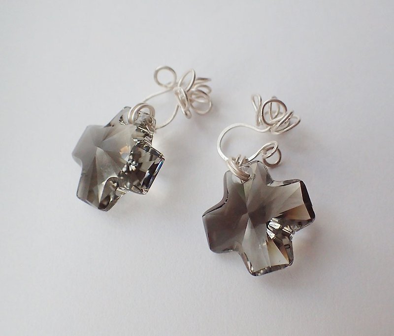 Cross Pendant & Poppy vs sprout earrings, 0.7MM-Fine silver w - ต่างหู - แก้ว สีเทา