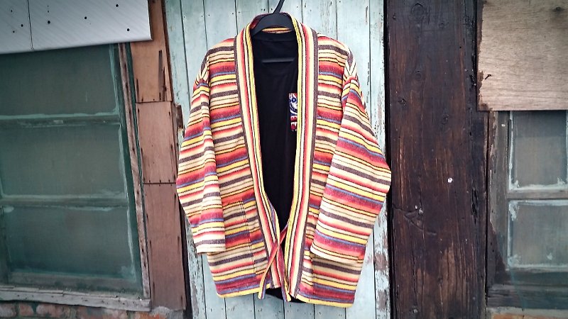 AMIN'S SHINY WORLD hand-made KIMONO coarse knit national rainbow cotton blouse coat - เสื้อโค้ทผู้ชาย - ผ้าฝ้าย/ผ้าลินิน หลากหลายสี