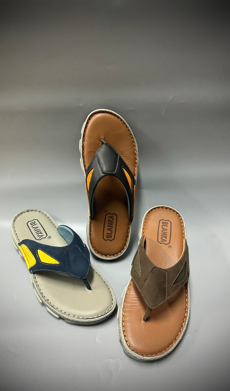 2230 Lightweight color-brushed outsole flip-flop little monster leather slippers for men with handmade shoe stitching - รองเท้ารัดส้น - หนังแท้ สีเขียว