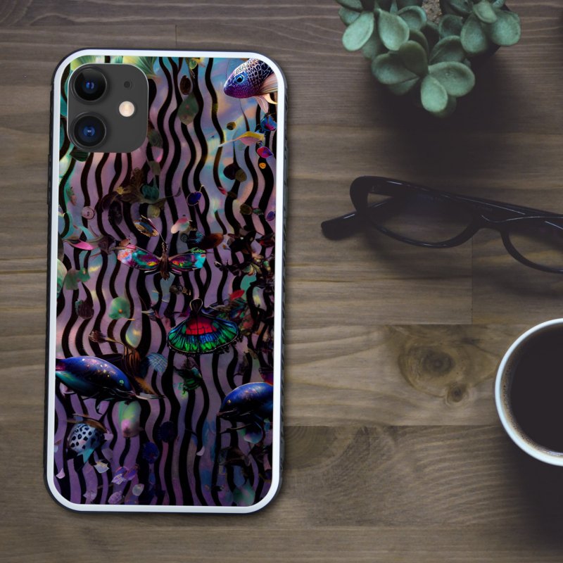 Chic and mysterious peacock cell / Glittering and unique fish swimming in the striped deep sea Smartphone case [Tempered glass finish] Compatible with iPhone 16 - เคส/ซองมือถือ - พลาสติก หลากหลายสี