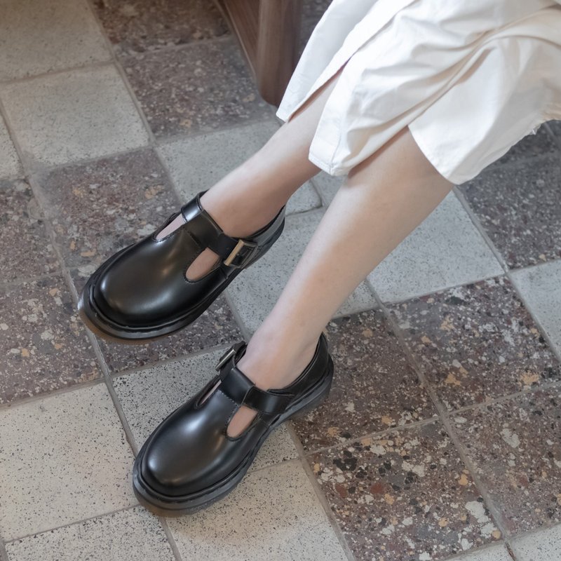 Martin Mary Jane_Flat matte black women's version 35~45 large size - รองเท้าหนังผู้หญิง - หนังแท้ สีดำ