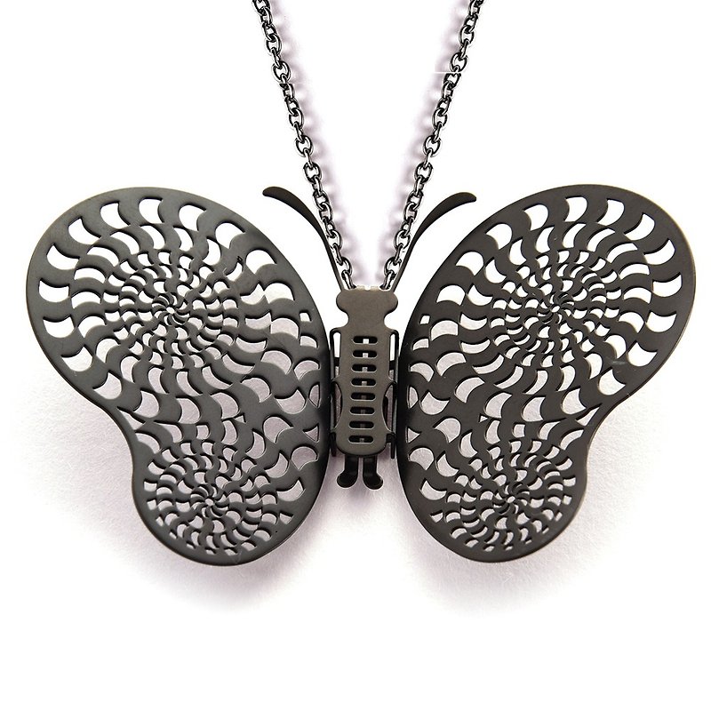 Butterfly Necklace with Changeable Wings Scroll Fog Black Medical Grade Thin Steel Long Chain Exclusive Patent Design - สร้อยคอ - โลหะ สีดำ