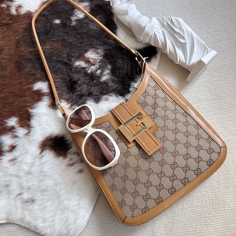 GUCCI 古馳 GG 帆布 Hobo 肩背包 - 側背包/斜背包 - 棉．麻 咖啡色