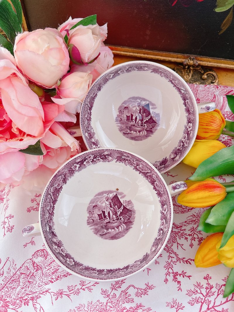 Wedgwood 手繪古董雙耳 點心碗 湯碗  餐碗 一對兩個 優惠庫存品 - 碗 - 瓷 紫色
