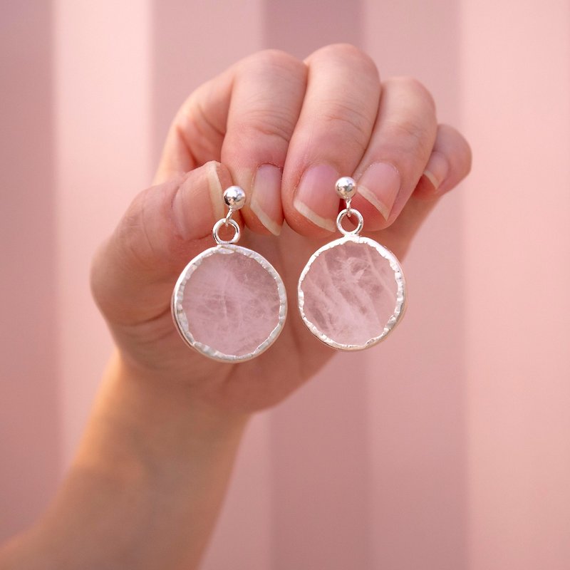 Rose Quartz Earrings w Detail Silver- Small- Handmade-Silver Ear Stud - Earrings & Clip-ons - Sterling Silver Pink