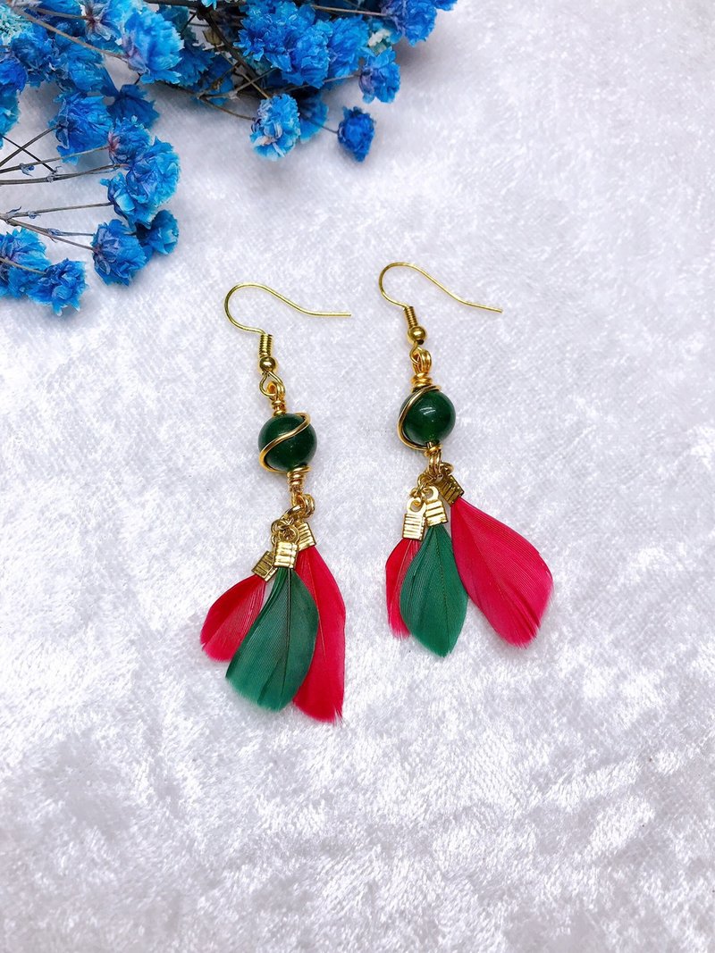 Peony Red││Feather Earrings Bronze Earrings Green Strawberry Crystal Brass Can Change Clip - Earrings & Clip-ons - Copper & Brass Red