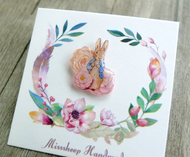 Misssheep- [U24- Shy Bunny] Rabbit hand-made earrings (hand-stitch / translucent ear clip) in watercolor hand-painted style flowers [Single] - Earrings & Clip-ons - Plastic 