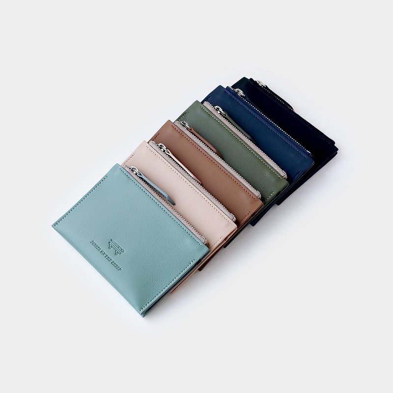 double mini wallet : blue grey - 長短皮夾/錢包 - 真皮 