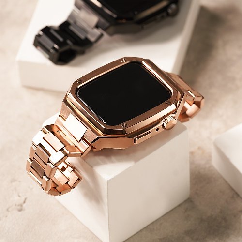 W.WEAR 時間穿搭 Apple watch - 細緻打磨不鏽鋼保護殼x錶帶套組 - 玫瑰金殼