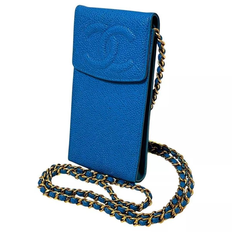 本物 CHANEL シャネル チェーンショルダー ポシェット ポーチ フォンケース キャビアスキン レザー ブルー 中古 - 其他 - 真皮 藍色