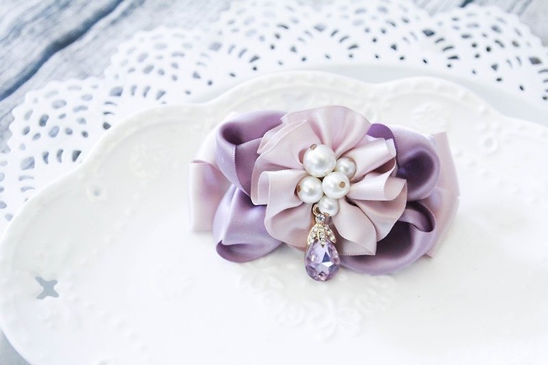 Fantasy pink purple satin bow French clip - Hair Accessories - Cotton & Hemp Purple