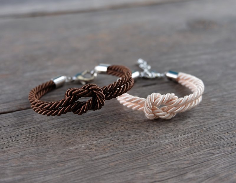 SET OF 2/Couple His & Her tie the knot bracelet in chocolate brown and cream - Bracelets - Other Materials Brown