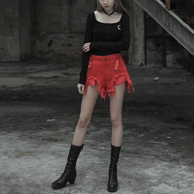 Hard core blush old denim hot pants - กางเกงขาสั้น - วัสดุอื่นๆ สีแดง