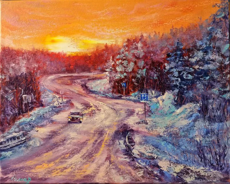 Car Sunset Painting Art Original Oil Auto Road Winter forest Canvas ArtistSvinar - อื่นๆ - วัสดุอื่นๆ หลากหลายสี