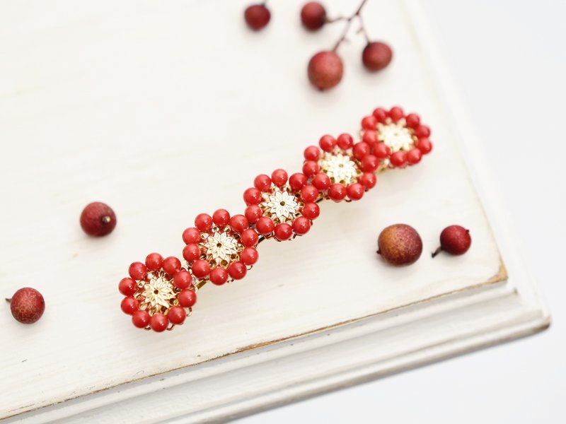 数量限定【バレッタ】アンティークレトロな赤珊瑚のお花 - 髮夾/髮圈 - 半寶石 紅色