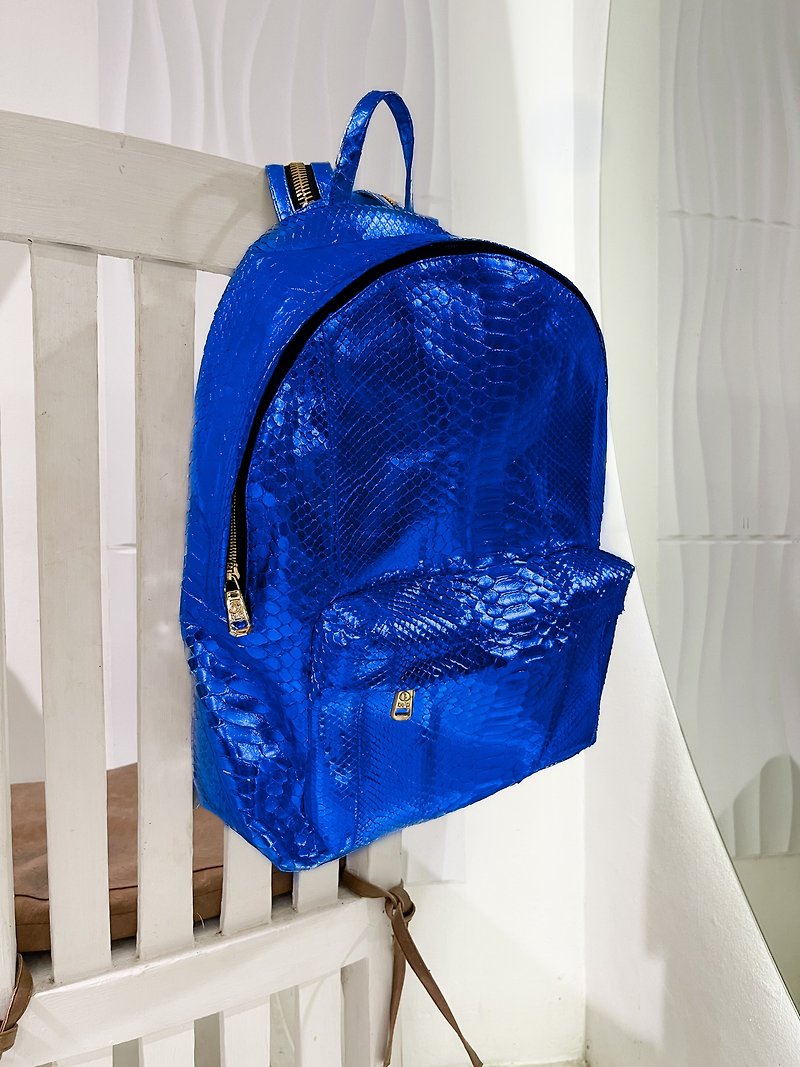 Blue Metallic Python Leather Backpack Snakeskin Rucksack Laptop Bag Hand Luggage - Backpacks - Genuine Leather Blue