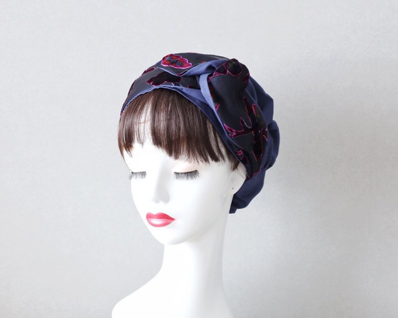 Floral flower lover ribbon with evening lights and indigo hair turban Medical cap/Care cap Care cap - เครื่องประดับผม - ผ้าฝ้าย/ผ้าลินิน สีน้ำเงิน