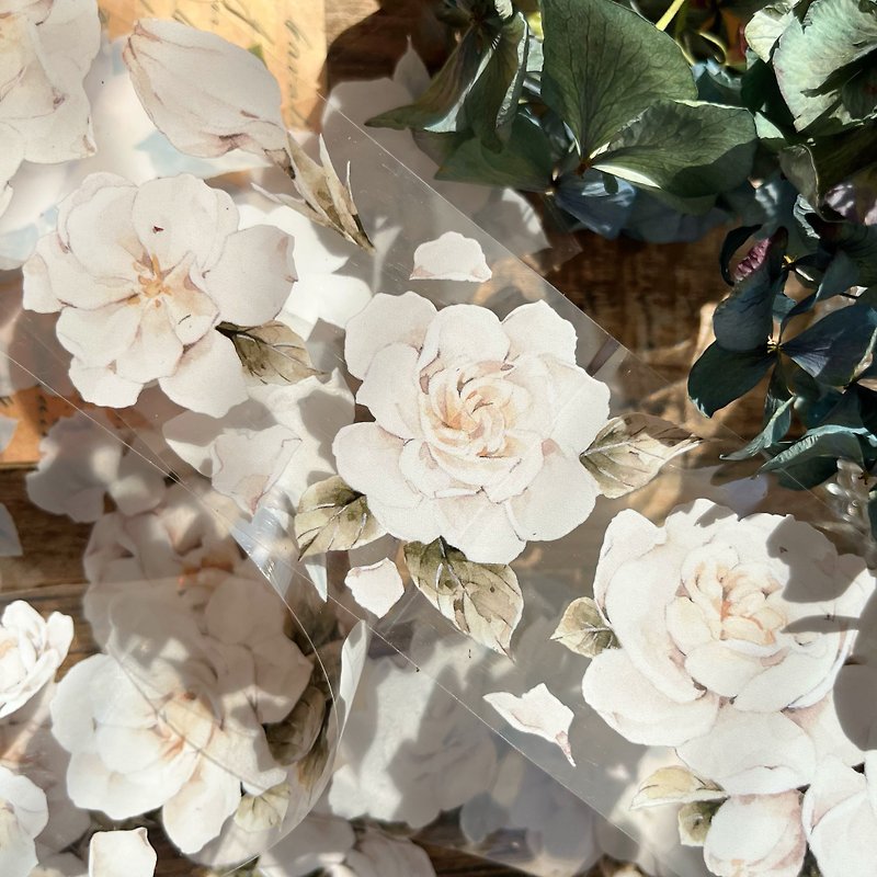 Nan Gardenia Light Vintage Floral Fresh White PET Washi Tape - มาสกิ้งเทป - วัสดุอื่นๆ ขาว
