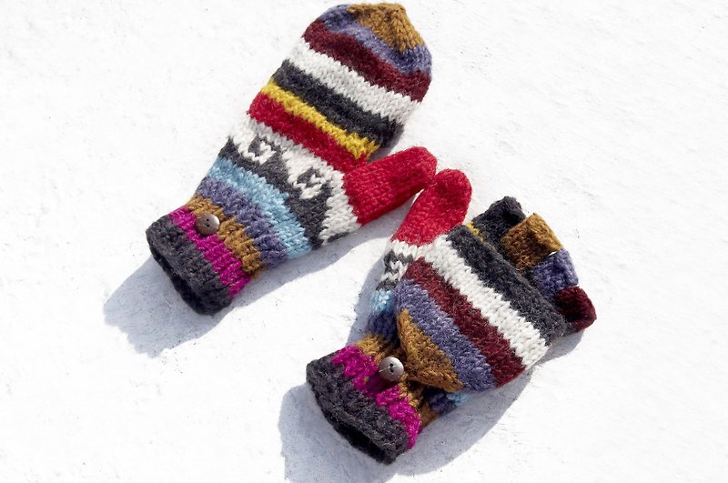 Christmas gift ideas gift exchange gift limited a hand-woven pure wool knit gloves / detachable gloves / bristle gloves / warm gloves (made in nepal) - Spain interesting color striped ocean totem - ถุงมือ - ขนแกะ หลากหลายสี