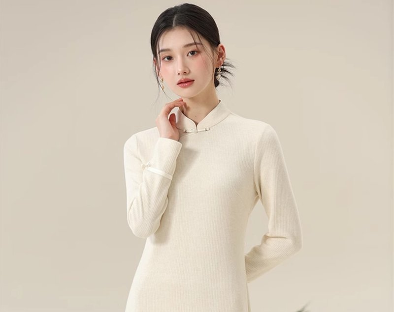 新中式復古中國風 針織長袖改良旗袍 - 洋裝/連身裙 - 絲．絹 白色