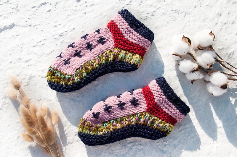 手織純羊毛針織襪/內刷毛條紋襪/羊毛鉤織襪/保暖毛襪-草莓糖果 - 襪子 - 羊毛 多色