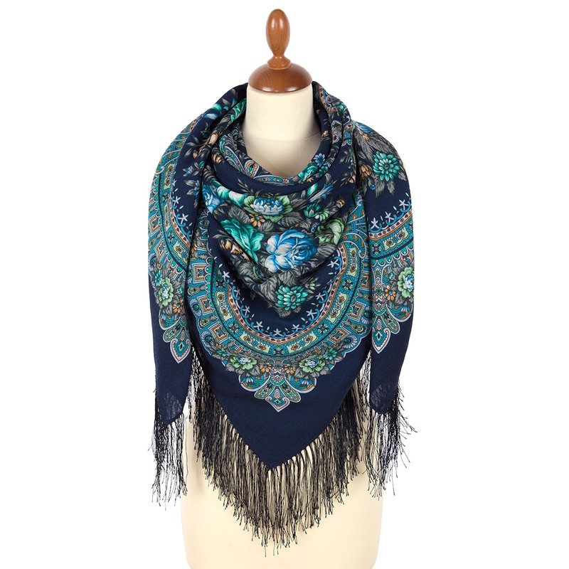Pavlovo Posad Russian Shawl 100% Wool Scarf 125x125 cm Wrap Silk Fringe 1954-14 - 絲巾 - 羊毛 藍色